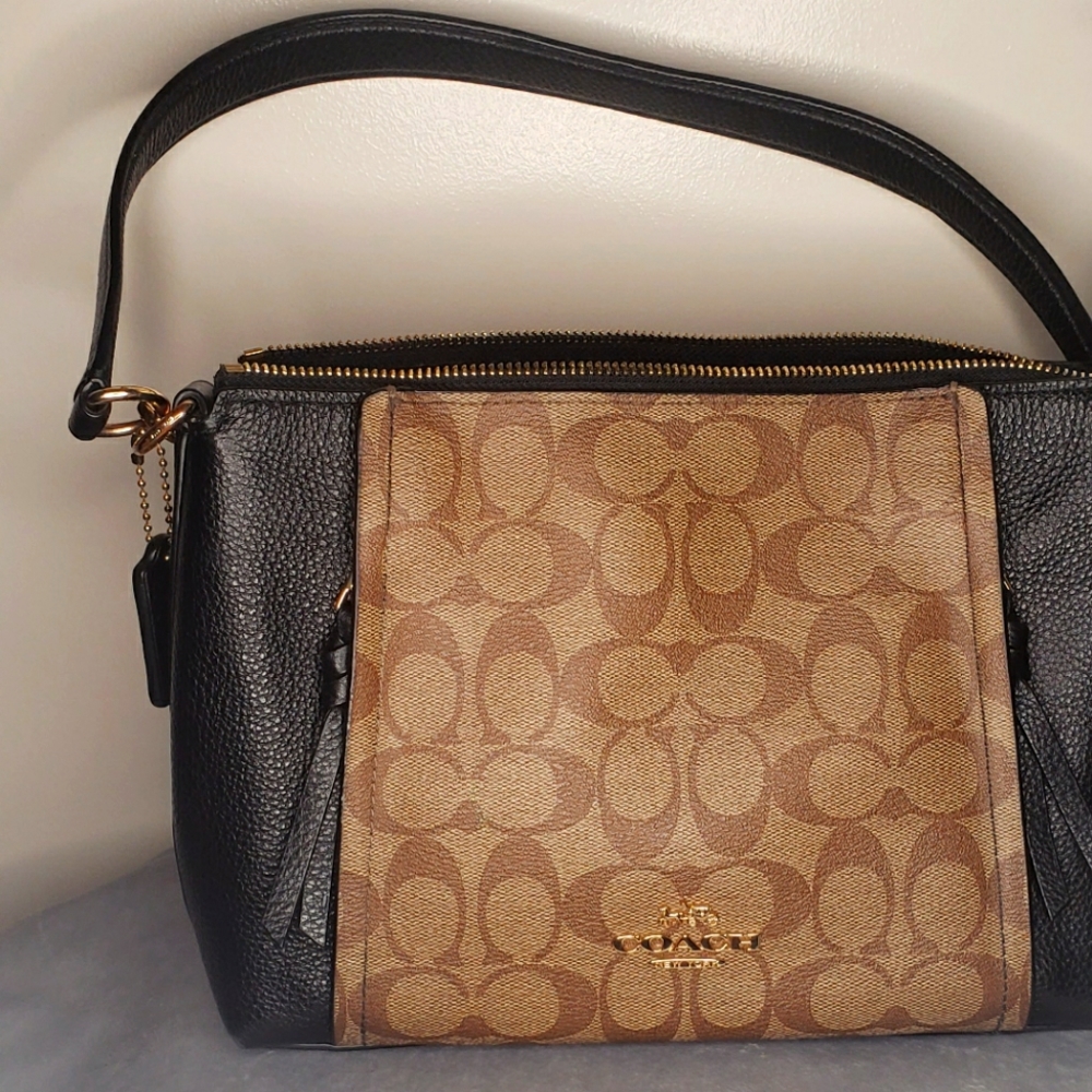 COACH Small Marlon Shoulder Bag in Signature Canvas, color  Black/Beige